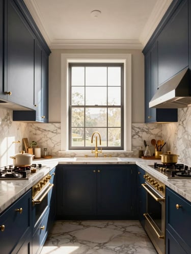Symmetrical architectural shot of a sun-drenched luxury kitchen, polished marble countertops, warm morning light, brass fixtures, elegant navy accents.