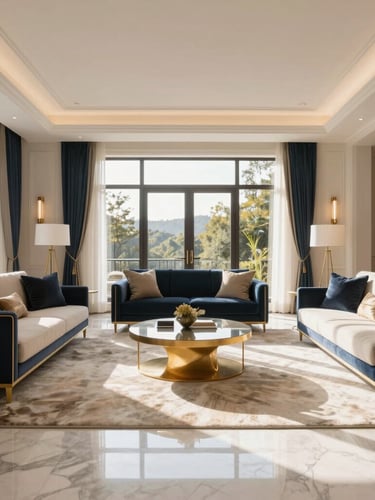 Symmetrical wide architectural shot of a sun-drenched luxury estate living room with polished marble floors, natural morning light, clean lines, elegant navy and gold accents