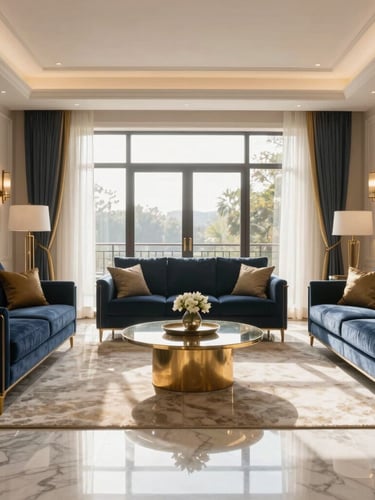 Symmetrical architectural wide shot of a sun-drenched luxury living room with polished marble floors and brass details, soft morning window light, high-end residential interior, 35mm lens