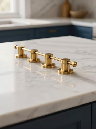 Close-up macro detail of a polished white marble kitchen countertop, warm morning light reflecting off brass fixtures, pristine and immaculate, 35mm lens