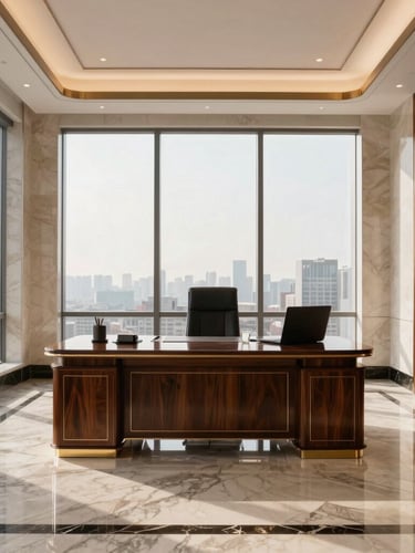 Symmetrical wide shot of a high-end modern executive office with polished wood and marble surfaces, soft morning window light reflecting off clean glass, immaculate details, warm editorial tone.