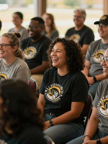 A warm, candid photograph of a diverse group of Missouri community members and volunteers laughing together at a local achievement celebration, soft natural daylight.