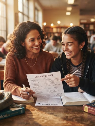 Candid medium-closeup of a smiling mentor and a high school student reviewing a graduation plan together in a sunlit library, warm golden-hour light, rich human tones.