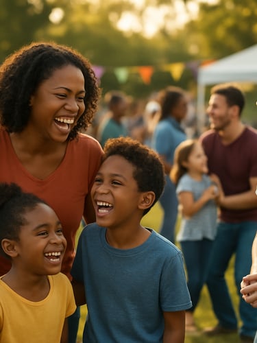 Families and volunteers participating in a lively outdoor community celebration event in a Missouri park, candid laughter, warm natural daylight.