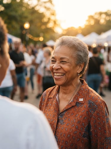A warm candid portrait of a Missouri community leader smiling outdoors during golden hour, soft natural light, rich human tones, shallow depth of field.