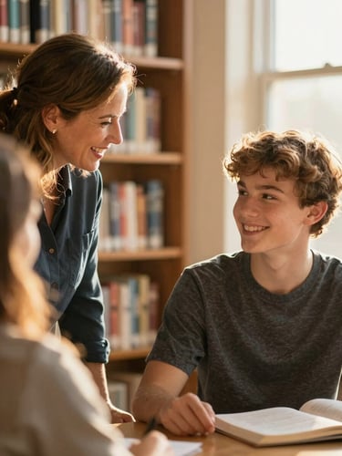 Candid medium-closeup of a warm mentorship session between a local Missouri community leader and a smiling teenager in a sunlit library, soft golden-hour light.