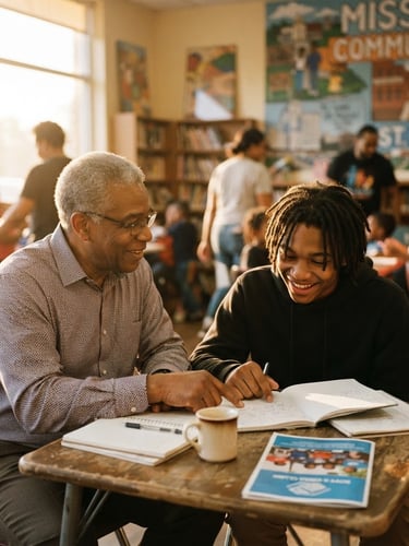 Warm editorial photography of a mentorship session between an older community leader and a smiling youth in a sunlit Missouri community center, soft golden-hour light