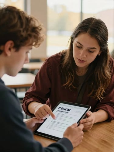 A warm candid photo of a career mentor guiding a young adult through a resume on a tablet, soft natural light, Missouri community center setting.