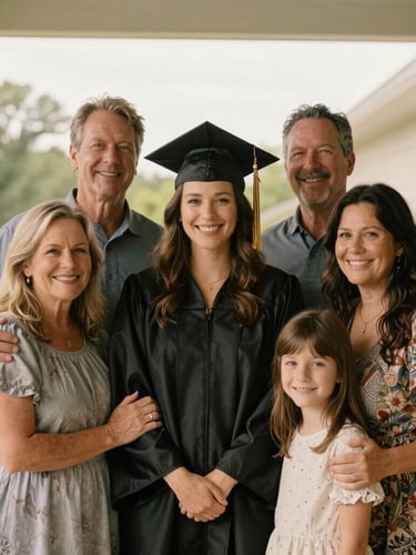 Warm editorial portrait of a Missouri family celebrating a graduation milestone on their front porch, soft diffused daylight, genuine smiles and proud embraces