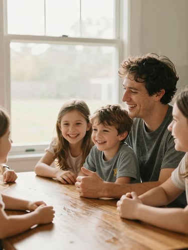 Candid medium closeup of a Missouri family sitting around a kitchen table laughing with a volunteer, soft natural daylight streaming through a window