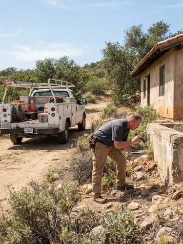 A rugged, professional A R Vertebrate INC service truck parked on a dirt road in North County, California, with a technician inspecting a foundation wall in bright California daylight. Wide environmental shot, natural earthy tones, sharp focus.