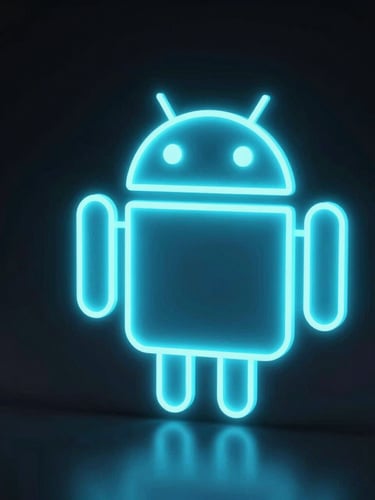 Sleek 3D digital render of a glowing Android UI wireframe, high-contrast neon backlighting, vibrant emissive cyan screen glow, dark futuristic aesthetic, macro depth of field