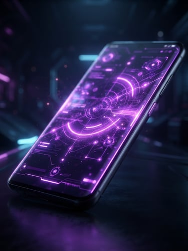 Sleek 3d digital render of an Android device mockup, angled isometric view showing a glowing neon-violet interface, dark futuristic aesthetic, macro depth of field