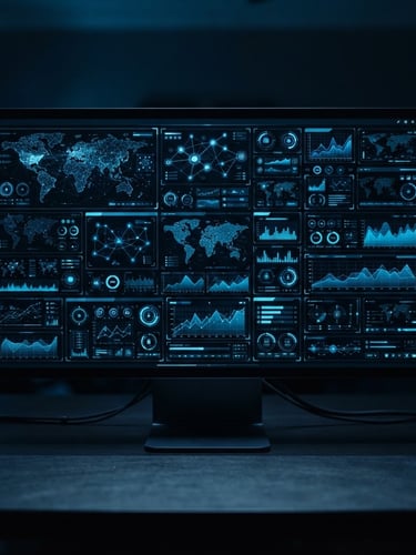Sleek tech photography, straight-on view of a high-fidelity UI mockup on a dark display, cool electric blue backlighting, clean workspace, sharp focus, 35mm