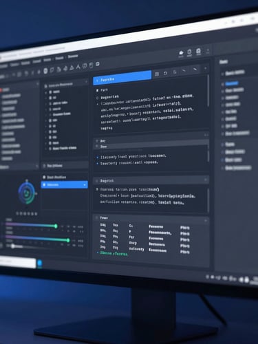 Sleek tech photography of a clean developer workspace with a high-fidelity UI/UX wireframe on a screen, cool blue studio lighting, macro details.