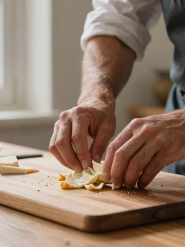 Manos de un cocinero trabajando con ingredientes frescos bajo luz natural de ventana, estilo escandinavo, enfoque en texturas gastronómicas reales.