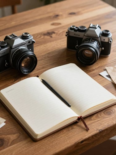 Plano medio de una mesa de madera de estilo escandinavo con libretas de notas hechas a mano, una cámara analógica de medio formato y muestras de papel texturizado bajo luz natural lateral.