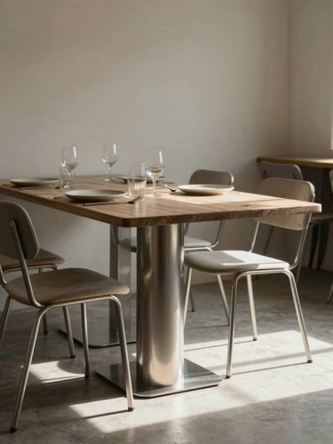 Una mesa de restaurante de diseño escandinavo vacía y acogedora, iluminada por luz natural difusa lateral, cubiertos de metal mate y un plato de cerámica minimalista.