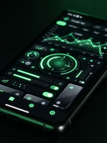 Macro close-up of a high-fidelity Android application UI on a modern device screen, sharp OLED pixels, vibrant green accent glow, dark ambient studio background, 35mm