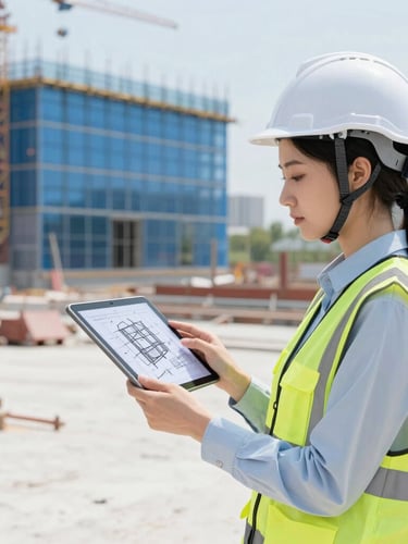 A young female professional in a white hardhat and safety vest, looking at a tablet showing a 3D structural blueprint on a clean, modern sustainable construction site, bright daylight, shallow depth of field