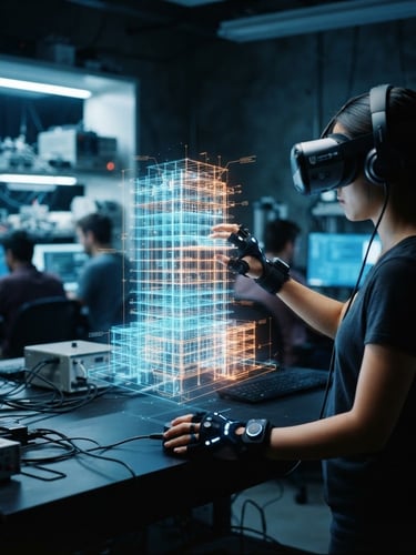 First-person perspective of a civil engineering student wearing VR goggles, interacting with a glowing 3D holographic building model in a high-tech laboratory, cool blue LED lighting, modern editorial style, 35mm