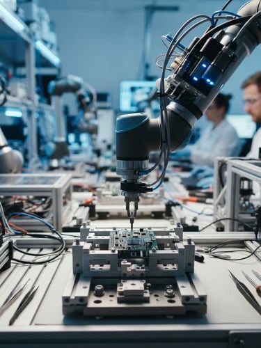First-person perspective of a robotic arm assembly line in a high-tech lab, cool blue LED lighting, shallow depth of field, 35mm