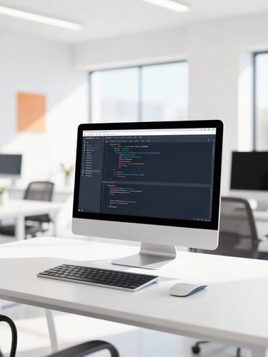 Bright high-key photography of a modern sunlit architectural workspace in Tampa, clean white desk with a high-resolution screen showing clean code, natural daylight, 35mm