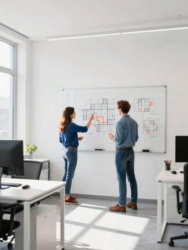 Sunlit modern open-plan office with collaborative whiteboard, engineers planning architecture, bright daylight, clean white walls, 35mm