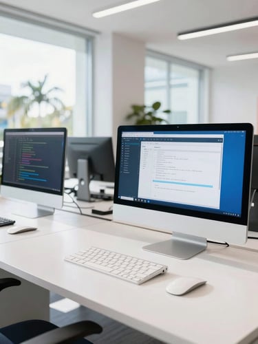 Bright sunlit modern architectural workspace in Tampa, clean white desk with high-resolution screens displaying clean code, crisp natural daylight, vibrant blue accents, 35mm