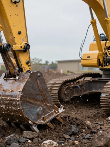 Close-up of a heavy yellow excavator bucket teeth biting into dark rocky earth, high-contrast daylight