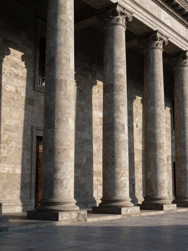 Architectural detail of the Supreme Court of Justice of Mexico, majestic stone columns, dramatic afternoon shadows, wide angle.