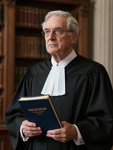 Dignified portrait of a senior legal scholar in academic robes holding a legal manuscript, dramatic side lighting, classical library background.