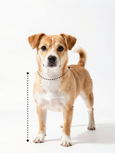 An illustrative vector-style diagram of a cute dog with dotted lines indicating where to measure the neck, chest, and back length, clean white background, friendly and clear