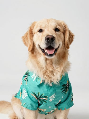 A happy fluffy golden retriever wearing a bright teal tropical print shirt, looking directly at the camera with a big smile, high-key natural daylight, clean light grey background, 35mm