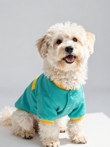 bright high-key pet photography, soft natural daylight, a happy fluffy dog wearing a colorful custom-tailored teal shirt looking up, clean grey background, shallow depth of field, 35mm