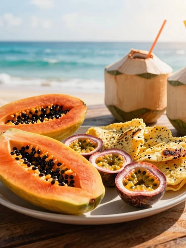 A vibrant tropical breakfast spread on a rustic wooden table, featuring fresh sliced papaya, passionfruit, Sri Lankan egg hoppers, and fresh king coconuts, warm morning sunlight.