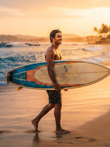 A sun-drenched portrait of a surfer carrying a surfboard on Weligama beach, golden hour tropical light, vibrant orange tones, warm editorial style.
