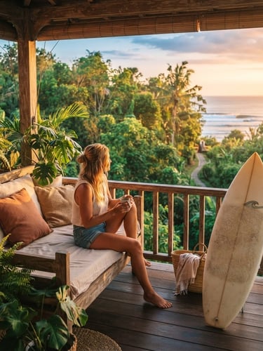 Warm editorial surf photography of a bright and airy private room veranda overlooking tropical greenery, golden-hour tropical light, vibrant orange tones, shallow depth of field.