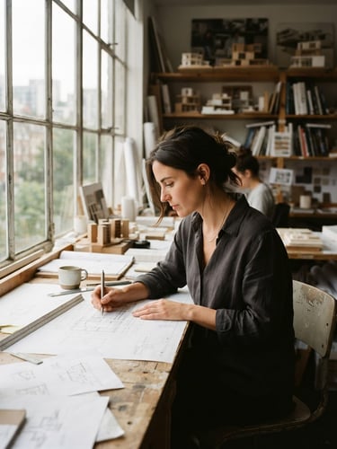 A quiet, high-contrast portrait of a creator in a sunlit architectural studio, soft natural window light, muted organic tones, 35mm film.