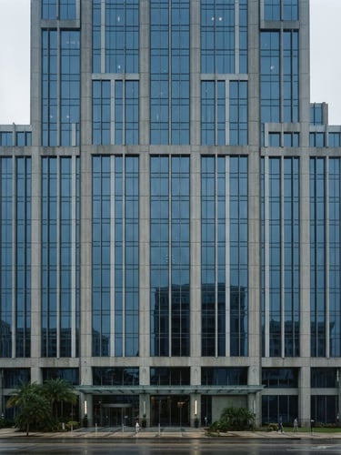 Wide architectural photography of a modern financial building facade in downtown Tampa, overcast morning light, muted desaturated blue and concrete tones, sharp focus, 35mm lens, minimalist composition, reflecting subtle light and clean lines, sense of quiet strength.