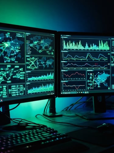 Macro shot of a glowing dual-monitor setup showing real-time traffic statistics, neon green and electric cyan backlighting, high contrast cyber-tech feel, 35mm