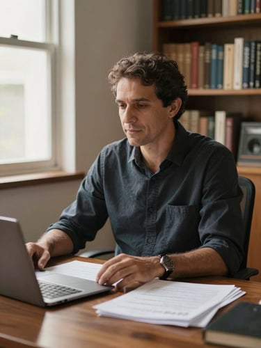 Close environmental portrait of a focused consultant at a wooden desk in a warm office, hands resting on documents, warm natural window light from the left illuminating the workspace, bookshelves visible in soft focus behind, São Luís regional atmosphere, no smile — present and attentive