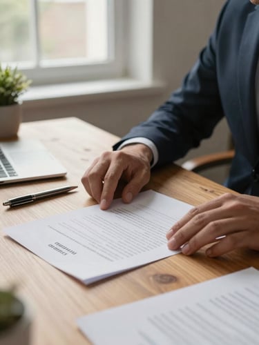 Wide environmental shot of a financial consultant's desk, hands resting on a document contract, pen beside the papers, warm north-facing window light, papers and a small plant in background, focused and present atmosphere