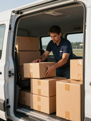 Close-up of a professional driver securing packages inside a clean commercial transport van, bright daylight, organized cargo.