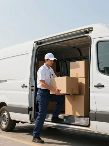 A professional driver in a clean uniform loading structured cardboard boxes into a modern commercial transport van, bright daylight