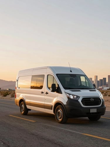 Wide-angle commercial transport van driving on a clean desert highway with the Las Vegas skyline visible in the background at golden hour, warm sunset lighting, professional logistics aesthetic.