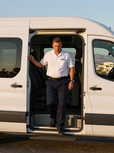 A professional commercial driver in a clean uniform stepping into a modern transport van, golden hour light, Las Vegas valley backdrop.