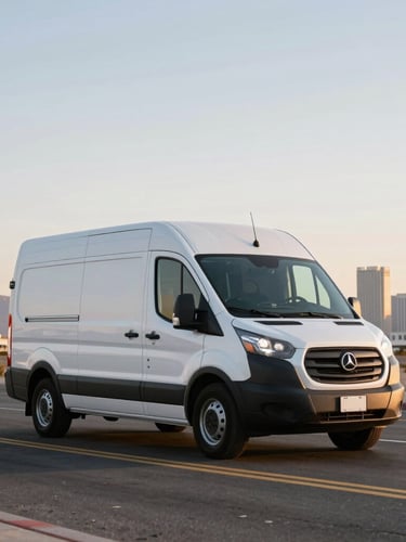 A modern commercial transport van driving on clean asphalt with the Las Vegas skyline visible in the background, golden hour daylight, sharp commercial photography.