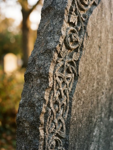 Close-up of a premium gray granite monument edge, deep hand-carved details, soft golden-hour sunlight highlighting the stone texture, shallow depth of field