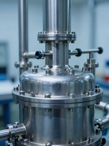Macro close-up of a high-tech chemical reactor chamber, cool blue and slate gray tones, stainless steel piping, sharp focus, 35mm